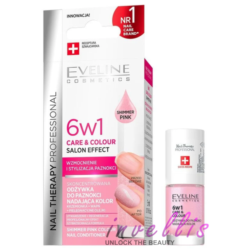 EVELINE NAIL THERAPY PROFESSIONAL 6-IN-1 CARE AND COLOUR SHIMMER PINK NAIL CONDITIONER 5ML